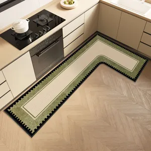 French Vintage L-Shaped Kitchen Mat Non-Slip Absorbent Oil-Proof Linen Texture PVC Floor Rug For Kitchen Corner Decor