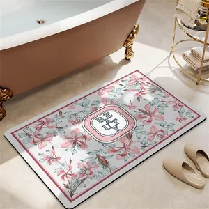 Modern Luxury PVC Absorbent Bath Mat Vintage Botanical Floral Pattern Quick Dry Anti-Slip Bathroom Floor Rug Leather Texture Soft Pad