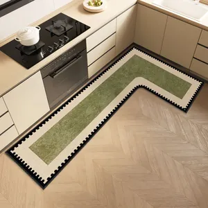 Premium L-shaped woven linen kitchen mat with anti-slip backing in green and beige tones