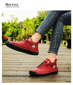 Vibrant red hand-stitched leather casual shoes for women with durable soft rubber sole