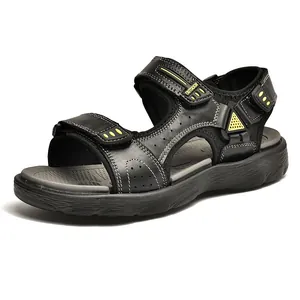 Sandales de randonnée en cuir noir pour hommes avec semelles en caoutchouc durables