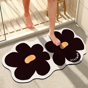 Detail of quick-dry flower bath mat placed at bathroom entrance with realistic usage