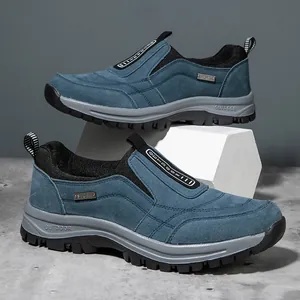 Close-up of blue suede outdoor slip-on shoes with durable non-slip rubber soles