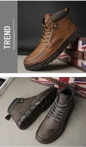 Detailed view of British style men's Martin boots with thick soles and stitched leather