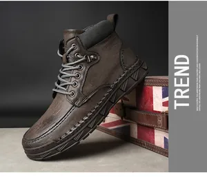 Detailed side view of brown leather Martin boots for men with chunky non-slip sole