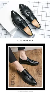Elegantes mocasines de cuero negro para hombre con borlas, mostrados en estudio y lifestyle