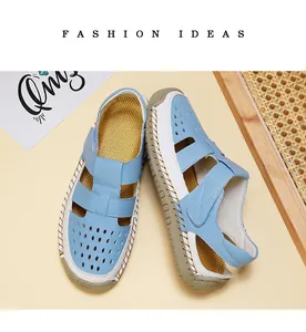Top view of light blue hollow-out women's summer sandals with breathable holes