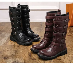 Men's gothic punk high-top motorcycle boots featuring multiple buckle straps and metal toe caps