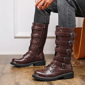 Retro brown high-top men's motorcycle boots with multiple buckles and rugged lug soles