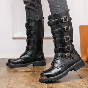 Vintage punk style high-top black leather motorcycle boots with multiple buckle straps