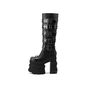 Botas Hasta la Rodilla con Plataforma Punk Góticas para Mujer Cuero PU Remaches Hebillas Cremallera Lateral Tacón Alto Grueso Botas Largas de Moda Negro