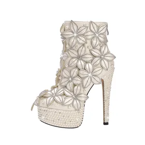 Botines de Novia de Lujo de Cuero PU para Mujer Flores de Satén 3D Perlas Artificiales Diamantes de Imitación Tacón de Aguja Alto Plataforma Boda Fiesta Fotografía Zapatos Blanco Crema