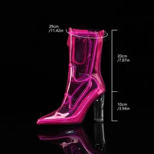 Detailed size specifications for transparent pink LED boots with 10cm clear chunky heel.