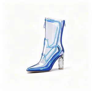 Modern transparent chunky high heel ankle boots with blue neon light piping detail