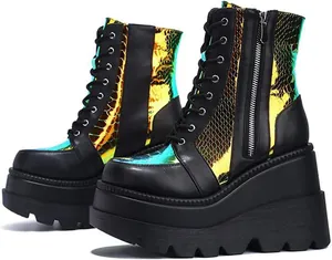 Vue détaillée de bottines à plateforme avec panneaux en peau de serpent irisée et semelles épaisses.