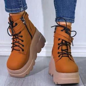 Bottines à plateforme épaisses pour femmes en marron clair avec fermeture éclair
