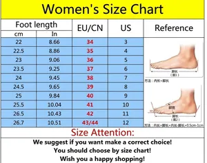 Comprehensive women's footwear size conversion chart including EU/US sizes and cm/inches