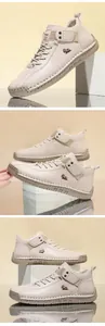 Múltiples ángulos de zapatos casuales de hombre con suelas de goma cosidas a mano.