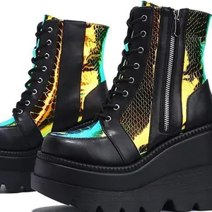 Bottines compensées à plateforme motif serpent iridescent avec lacets et fermeture éclair