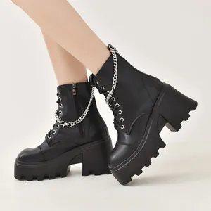 Botas Martin de Media Caña para Mujer Tacón Grueso Plataforma Cadena Moto Cordones Cremallera Lateral Cuero PU Estilo Punk Gótico