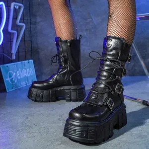 2026 Botas de Media Caña Góticas Dark Punk Con Plataforma para Mujer Negro Cuero PU Cordones Correas Con Hebillas Cremallera Lateral Botas Martin