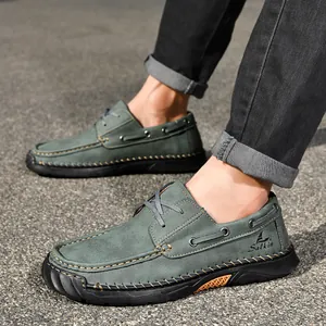 Detailed side view of men's hand-stitched casual leather shoes with Salkin logo