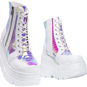 Bottines blanches à plateforme pour femmes avec empiècements holographiques brillants