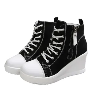 Fashionable women's black and white high-top wedge canvas shoes with side zipper