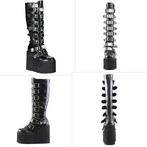 Black punk platform knee-high boots with multiple metal buckles shown from four angles.