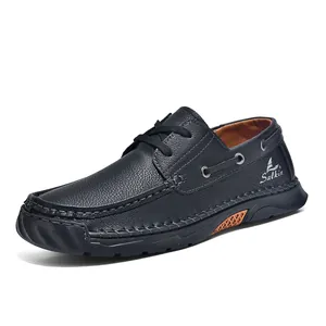 Men's casual black PU leather shoes with hand-stitched details and anti-slip sole