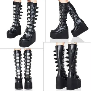 Gothic punk black long boots with multiple silver metal buckles and 11cm platform wedge heel