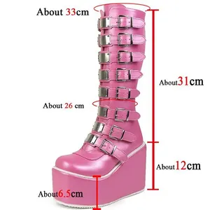Pink punk leather platform boots with metal buckles and 12cm high wedge heel dimensions