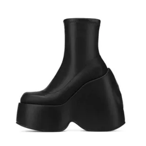 Stylish black square toe platform wedge ankle boots with elastic upper for casual wear