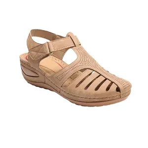 Comfortable women's wedge sandals with hollow-out design and round toe in khaki finish