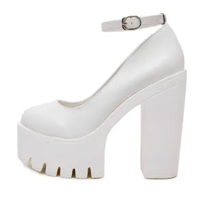 Side profile view of elegant white 14cm platform high heels with adjustable ankle strap buckle