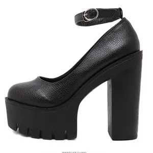 Detailed side view of gothic black 14cm platform high heel shoe with adjustable ankle strap