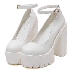 Side view of white faux leather 14cm platform high heel pumps with an ankle strap