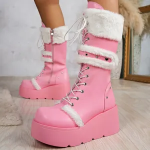 Bottes de neige à plateforme roses avec bordure en fourrure blanche et doublure chaude