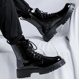 Men's high-top black patent leather Martin boots with thick platform sole and side zipper
