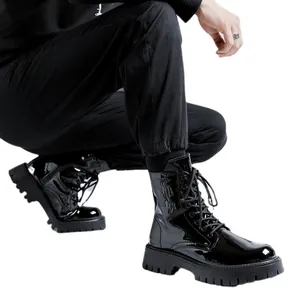 Stylish men's black patent leather Martin boots with thick soles and high-top design