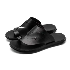 Men's premium black PU leather thong sandals with anti-slip sole for summer outdoor wear