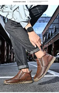 Close-up action shot of stylish men's brown leather casual boots with thick soles