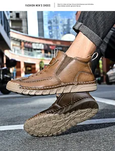 Stylish brown leather men's Martin boots with thick rubber sole for outdoor casual wear.
