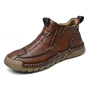 Close-up view of premium brown leather Martin boots with thick soles and hand-stitched details
