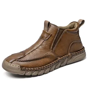 Men's brown outdoor leather Martin boots with thick sole and mid-top casual style