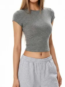 Graues Damen Slim Fit Modal Rundhals Crop T-Shirt mit hoher Elastizität für Freizeitsport