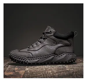 Detail shot of the textured leather and rugged non-slip sole of these high-top men's boots