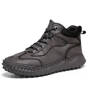 Men Outdoor Casual High-top Boots Microfiber Leather Fleece Lined Anti-slip Studded Sole Hiking Shoes Hand-stitched Winter Short Boots