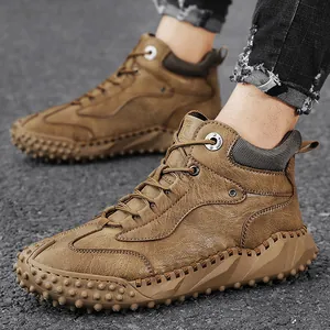 Men's outdoor high-top leather casual hiking boots with hand-stitched details