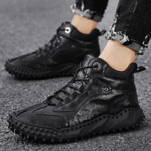 Durable men's outdoor high-top leather casual boots with non-slip studded rubber sole